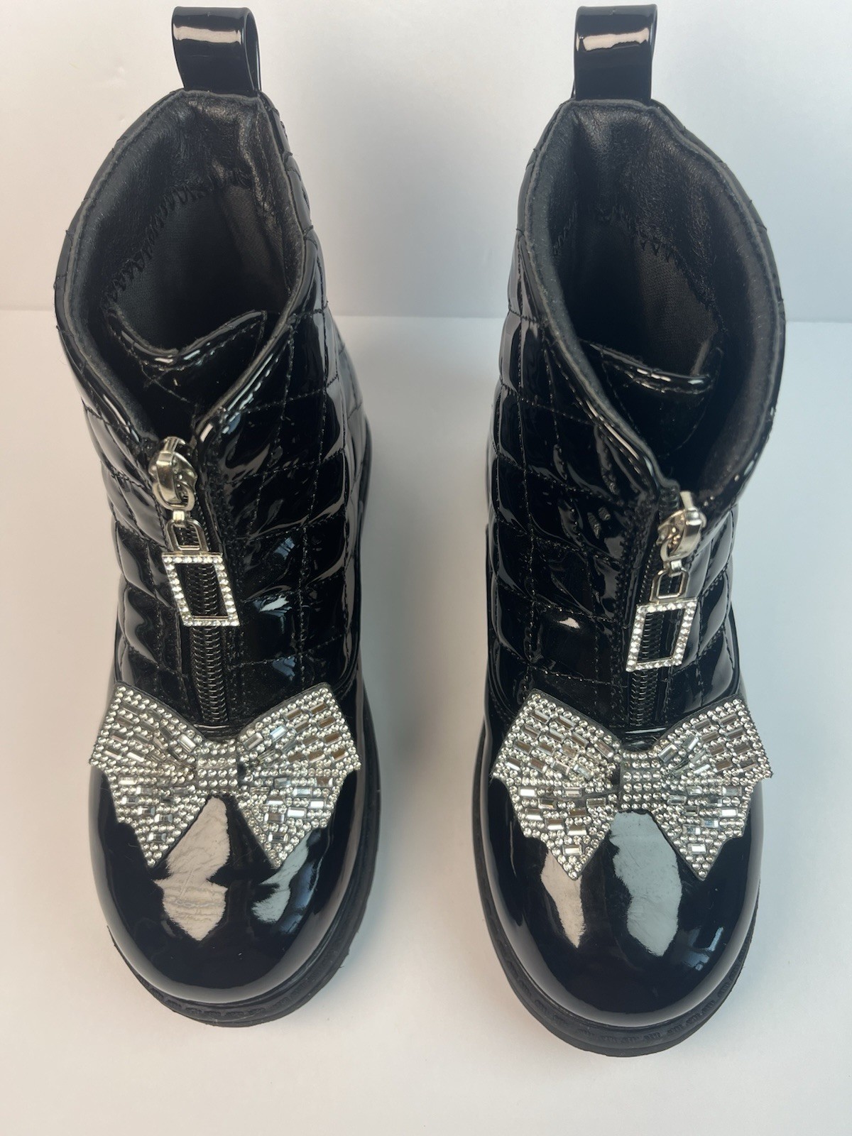 Women’s Black Patent Leather Quilted Ankle Booties, Zip Front Rhinestone Bow