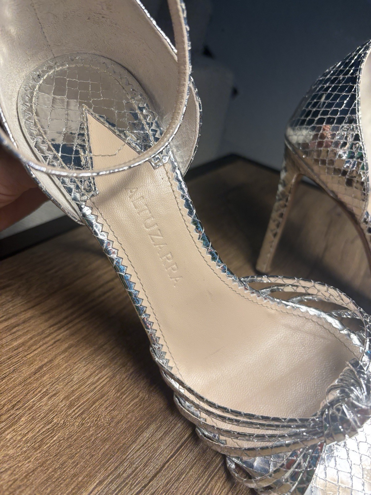 Altuzarra Parker Silver Python Patent Leather Heels Sandals EU 39.5 US 9.5