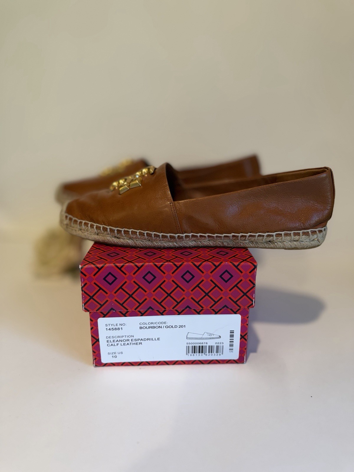 Tory Burch Eleanor Calf Leather Espadrille Flats Bourbon Gold Size 10 Box