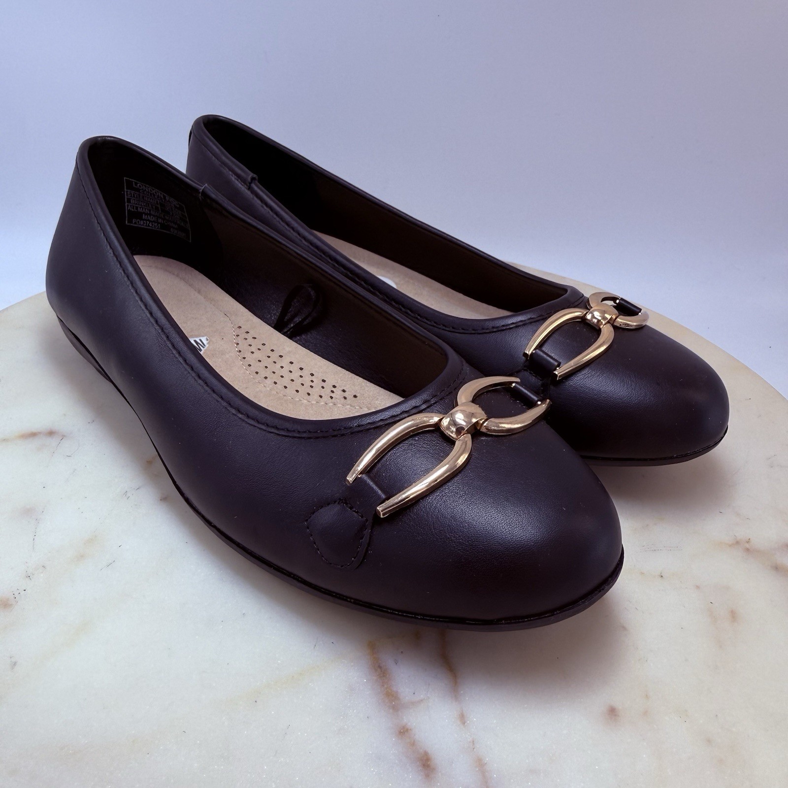 London Fog Collection Brinkley Black Gold Buckle Slip-on Womens Ballet Flats 7.5