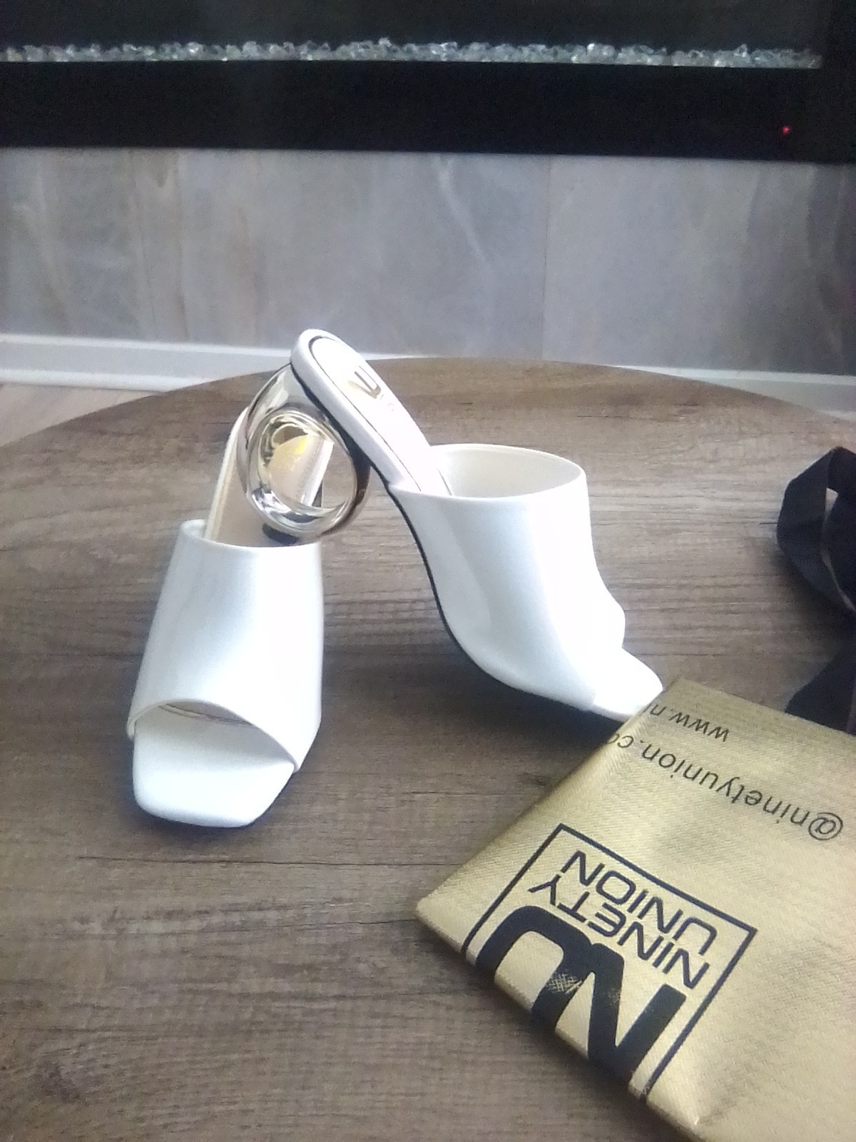 Ninety Union Women’s White Patent Leather Slip-On Open Toe Mule Heels
