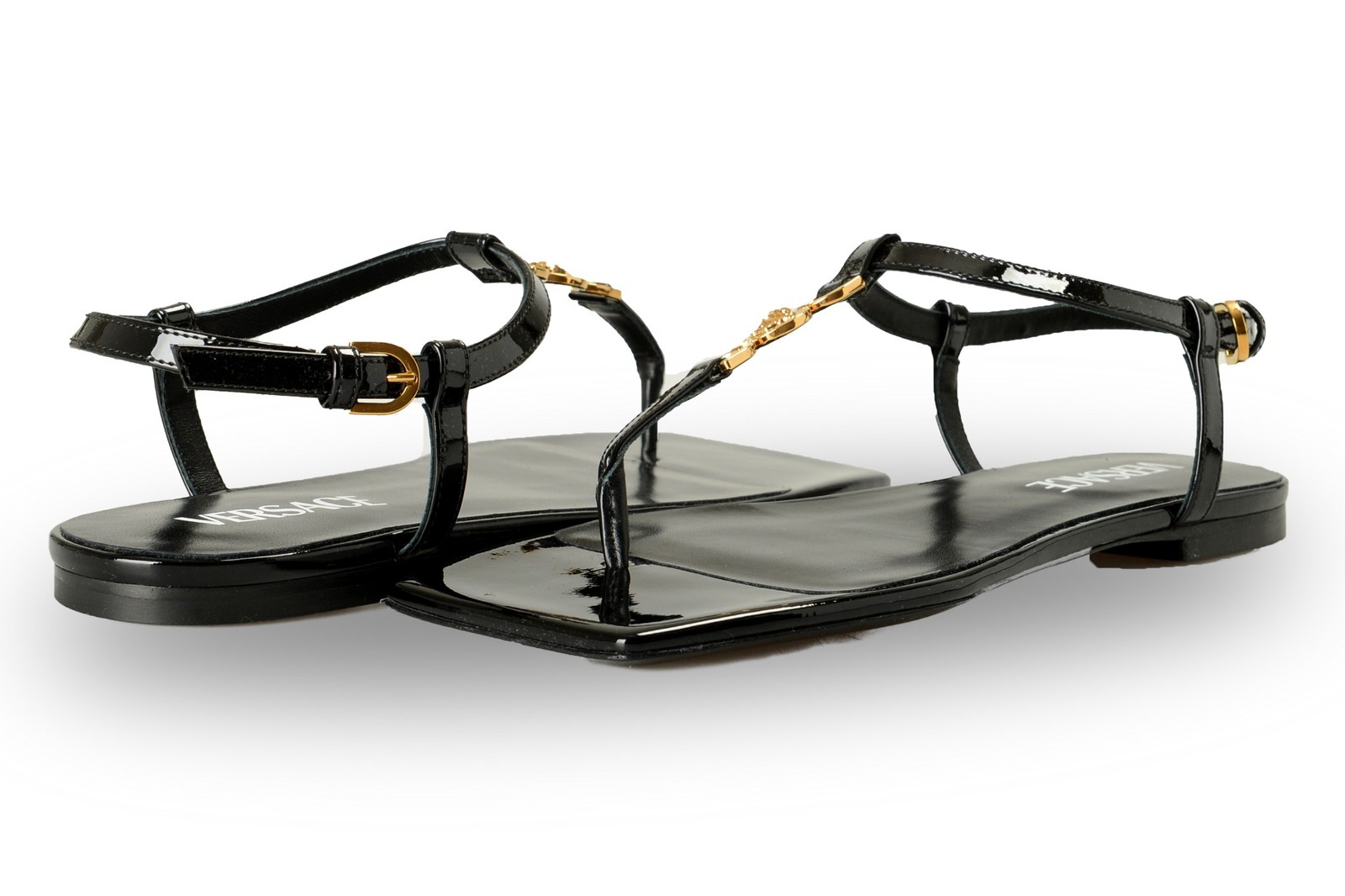 Versace Women’s Black Patent Gold Medusa Leather Flat Sandals Shoes US 6 IT 36
