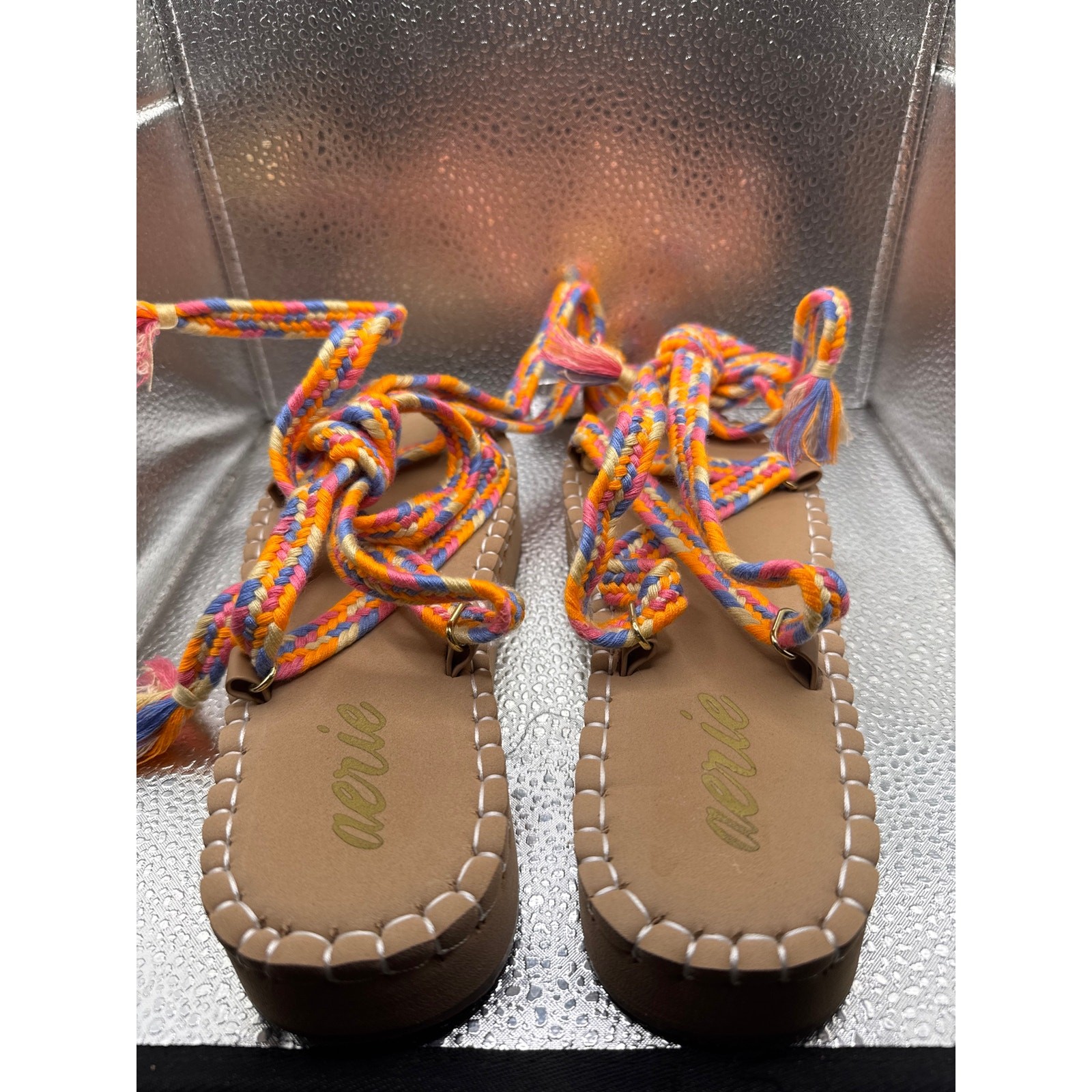 Aerie Orange Pink Multi Color Lace Up Cord Wrap Sandals Women’s Size 6