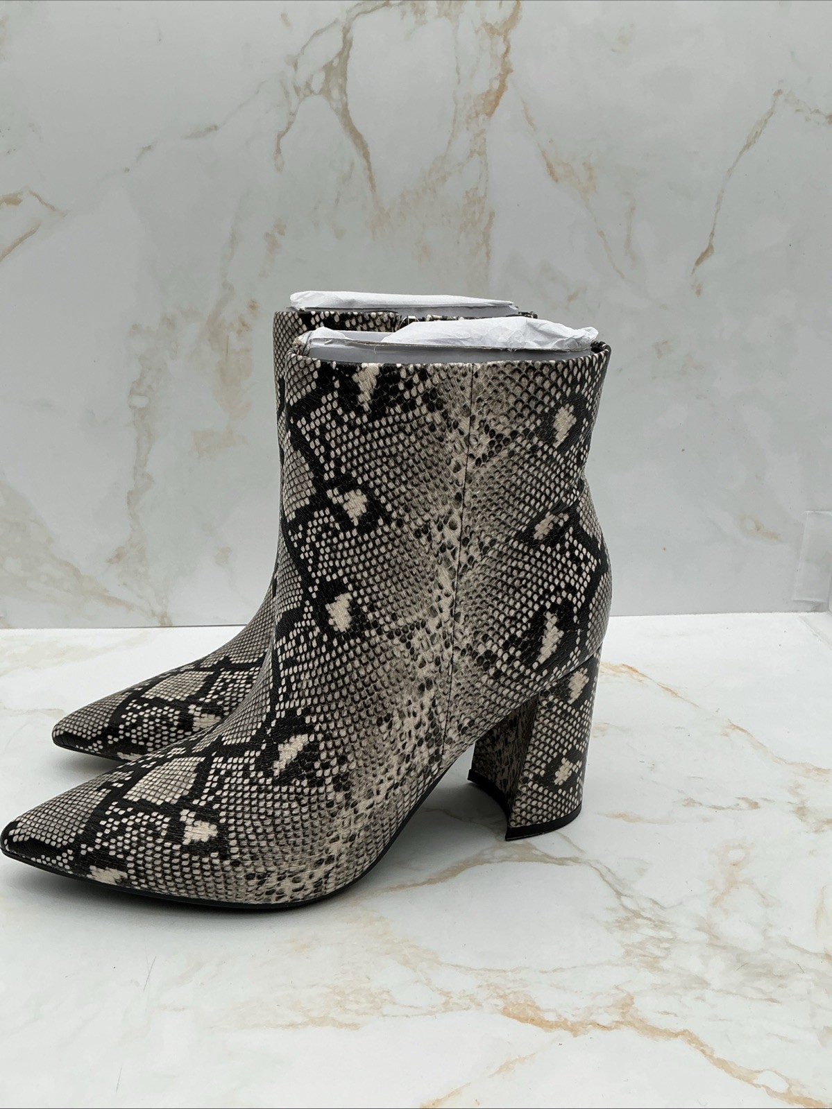 Marc Fisher Women’s Greneda Block Heel Dress Ankle Booties Black Beige Snake 6M
