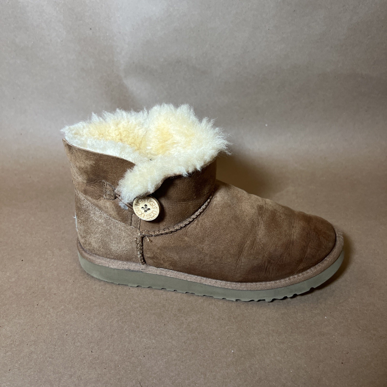 Used UGG Mini Bailey Button In Chestnut Tan Brown Winter Boots Size US Women’s 5