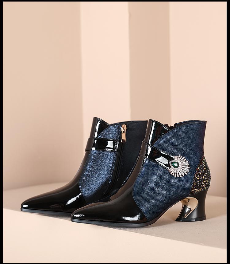 Women’s Fashion Shiny Rhinestone Elegant Pointed Toe Leather Ankle Boots Shoes