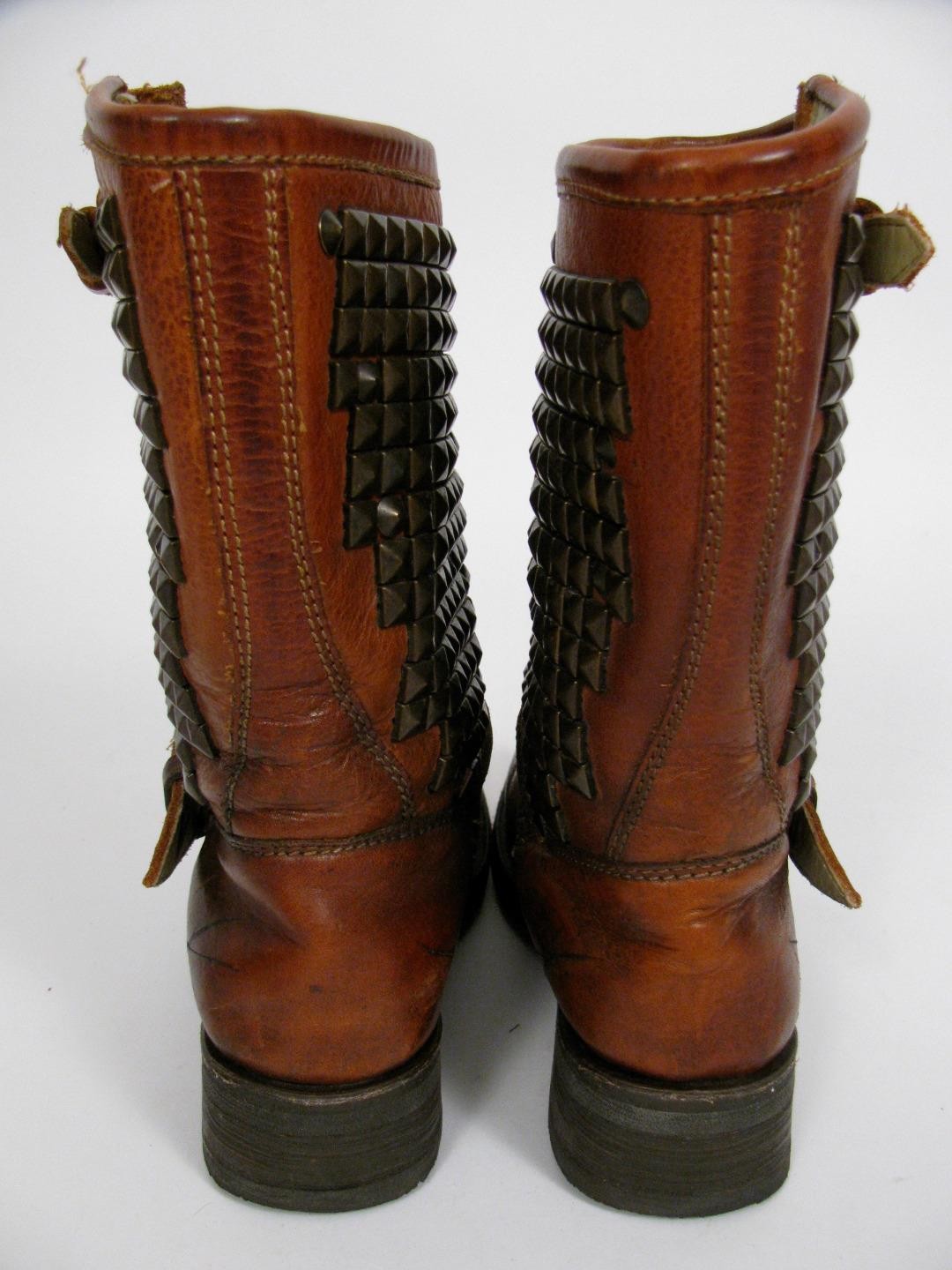 ASH BOOTS BROWN LEATHER DISTRESSED MOTO BIKER TRASH PAVONDONA STUDDED SHOES~38.5
