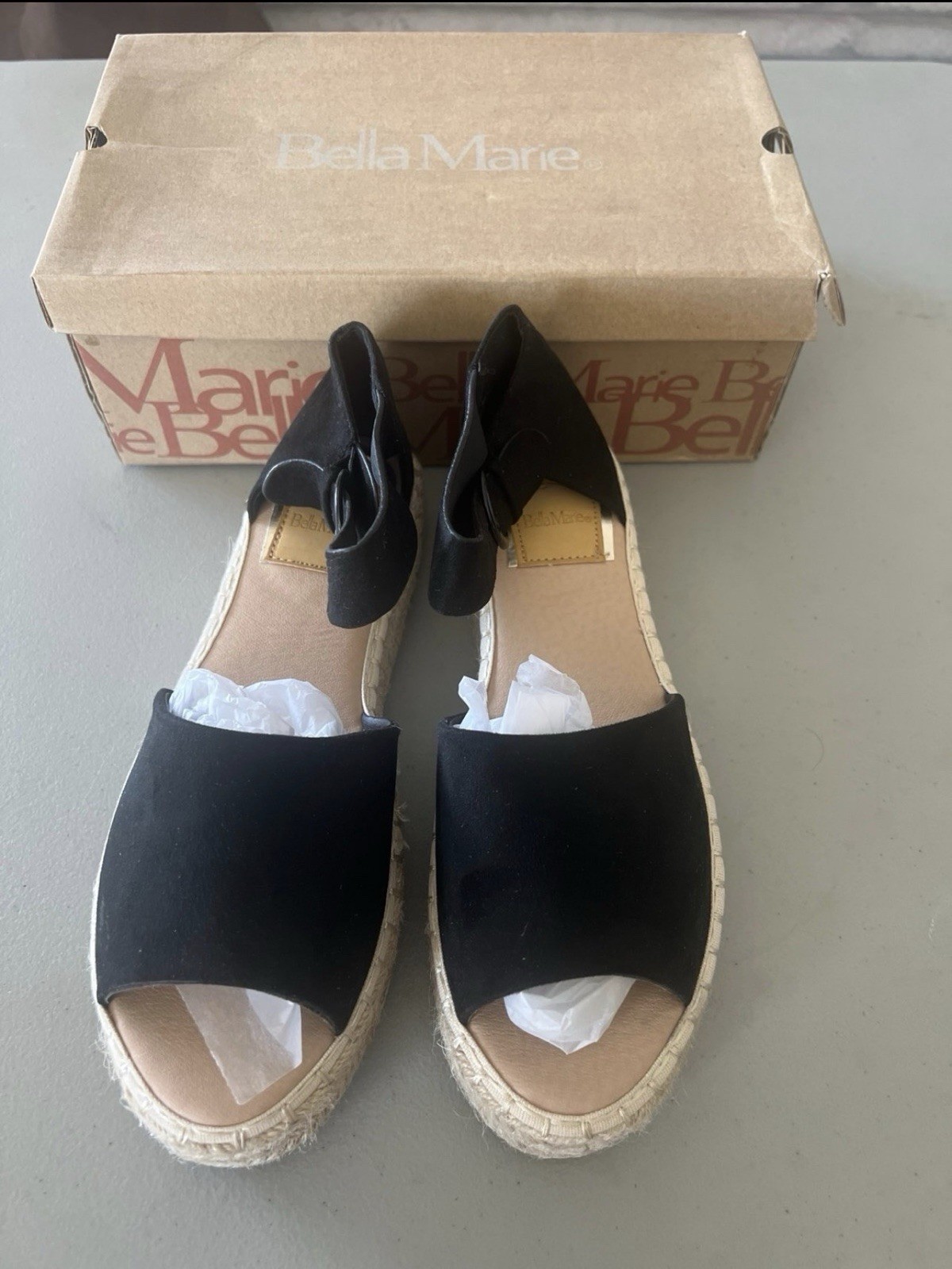 Bella Marie Women’s Black Suede Espadrille Sandals Ankle Strap Buckle 8.5 NIB