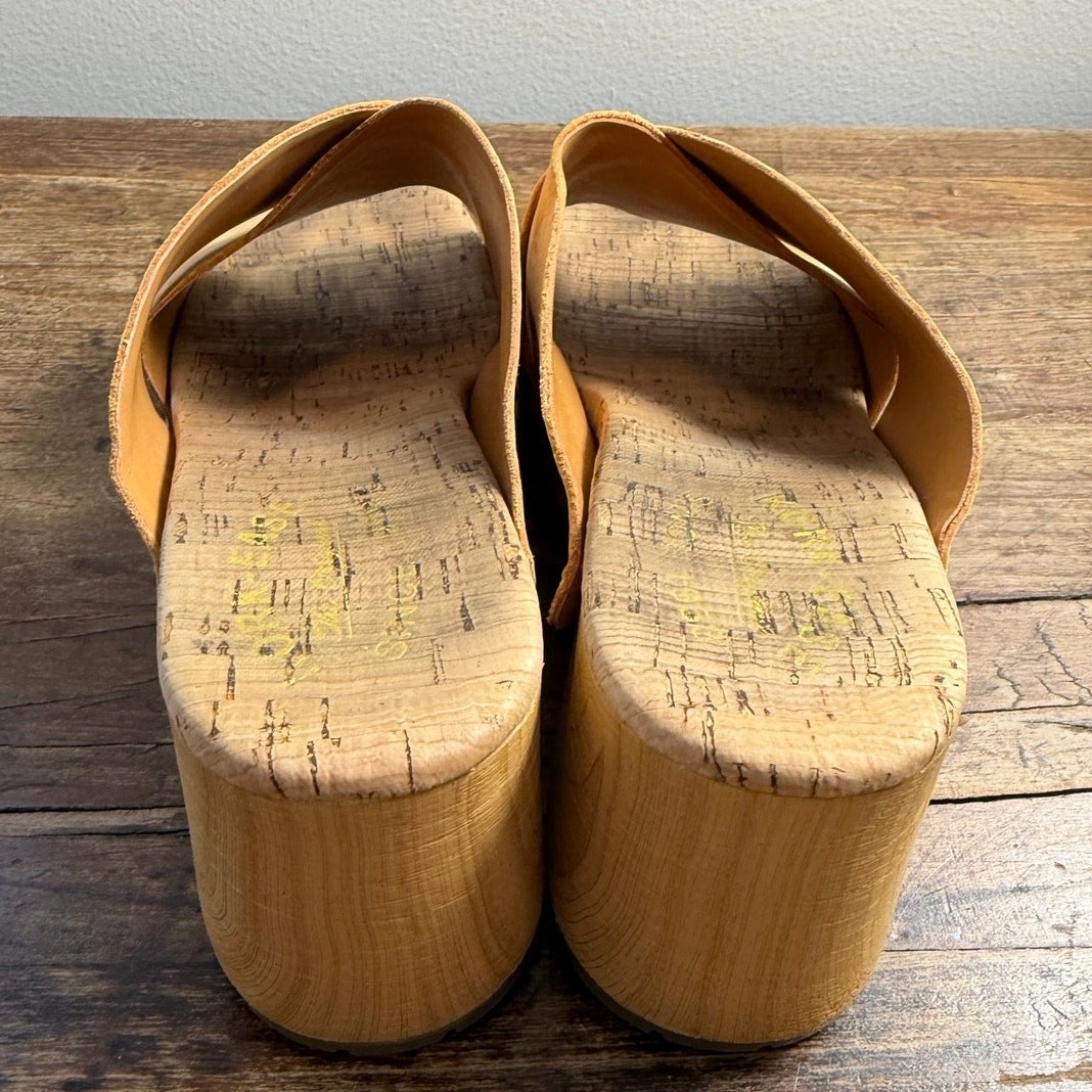 Cork Ease Mustard Yellow Leather Wooden Platform Clog Sandals Criss Cross 9