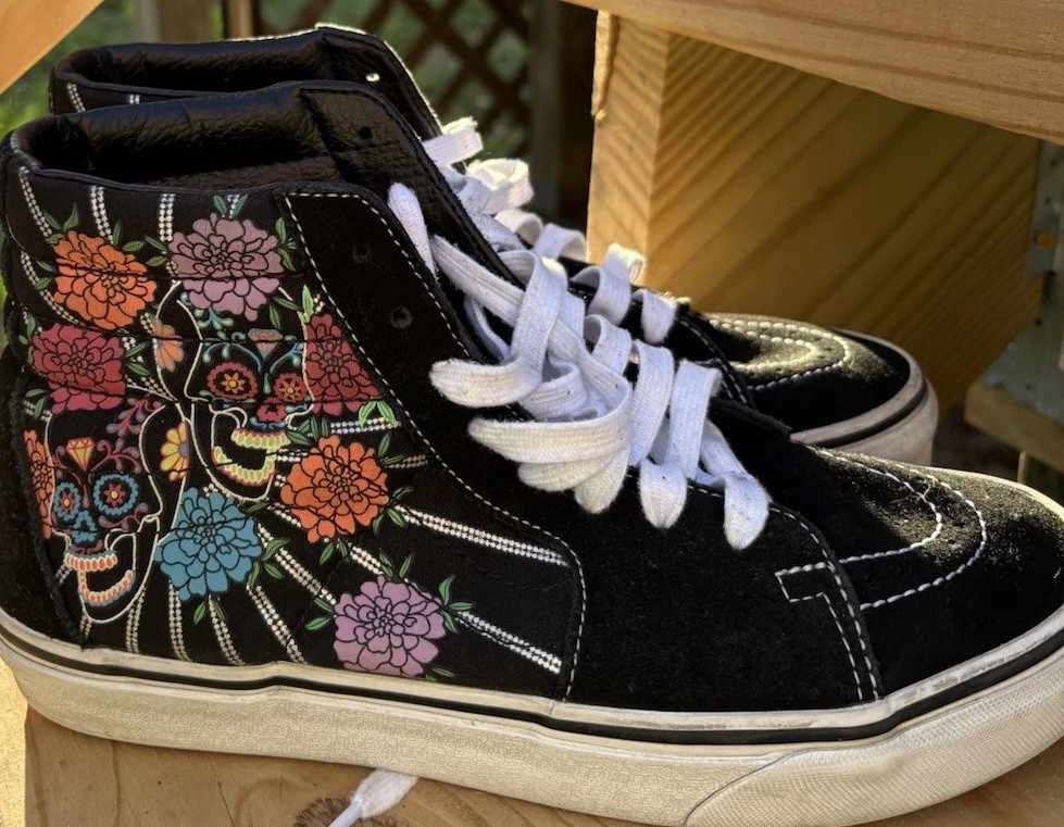 Vans Sk8 Hi Skull Floral Sneakers Goth Punk Women 8.5 Men 7 Rare