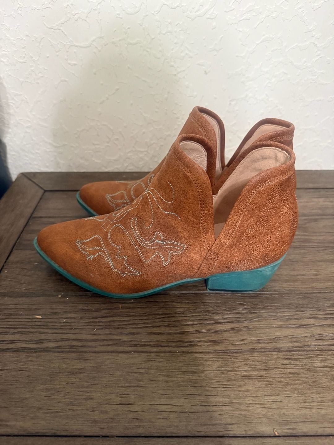 Jolimall Western Ankle Booties in Cognac Faux Leather with Embroidered Detail