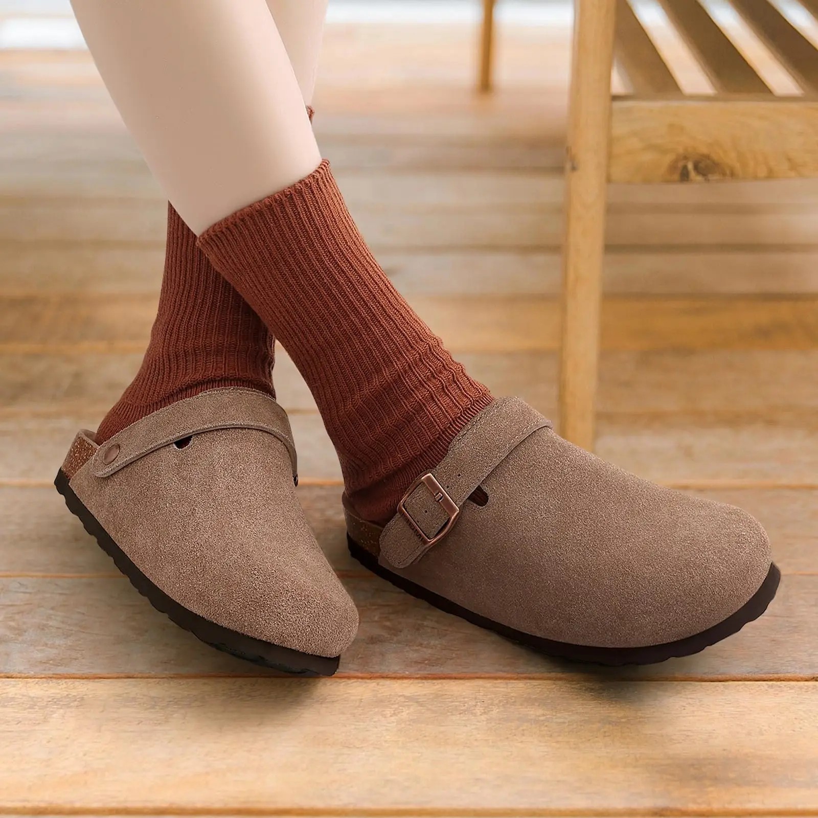 Women’s Suede Clogs with Adjustable Strap Adult Fashion Cork Footbed Leather Mul