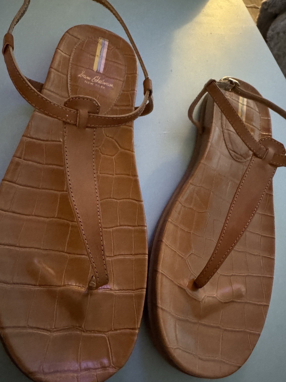 Sam Edelman Womens Brown Croc Embossed Leather Thong Sandals Buckle Logo 10