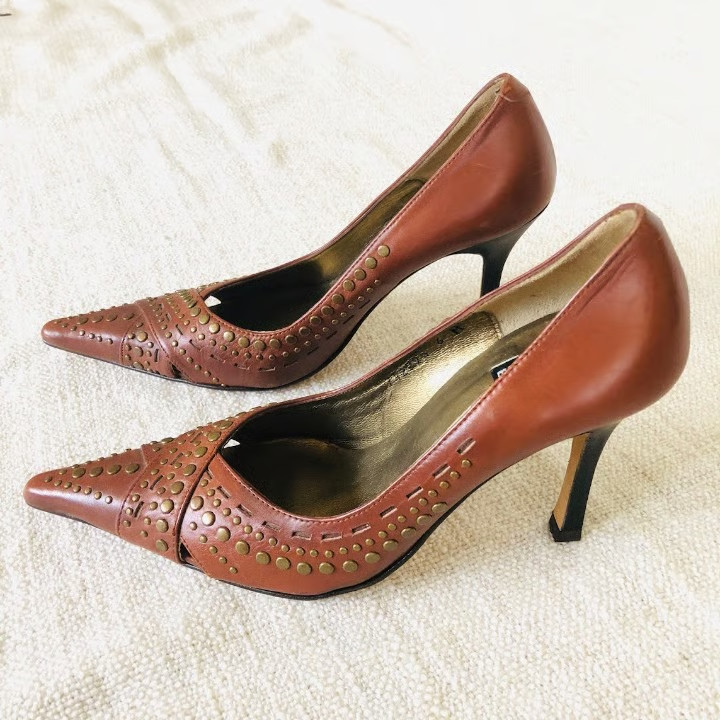 Costablanca Brown Leather Studded Pointed Toe Pumps Size 6