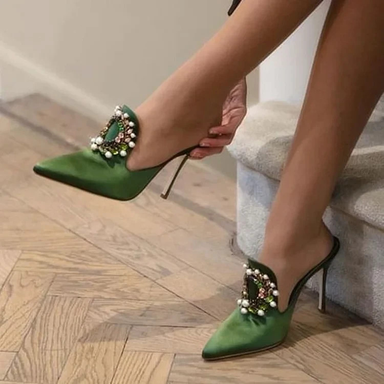 Green Satin Evening Heels Pointy Toe Pearls Buckle Mules for Women FSJ202302035