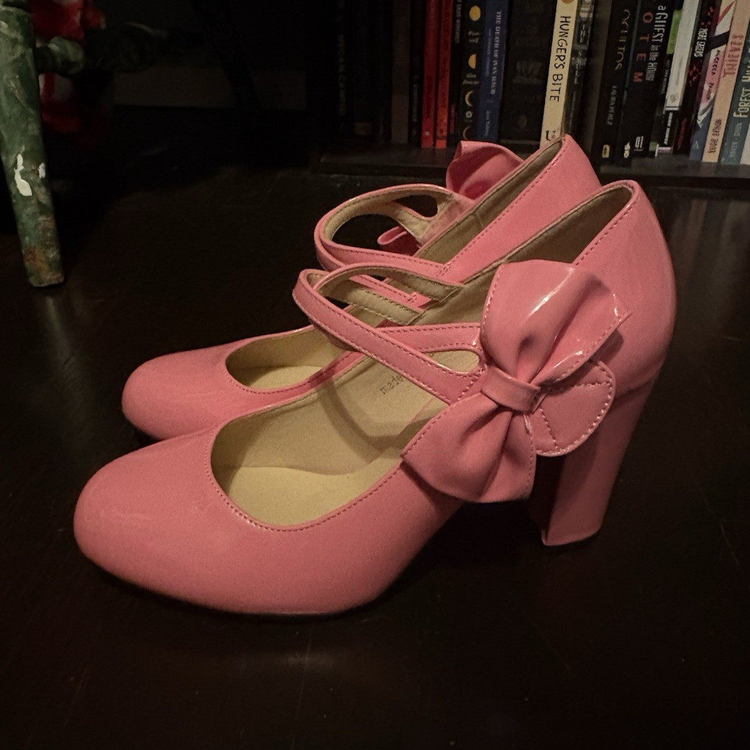fereshte Pink Leather Mary Jane Round Toe Bow Strap Pump Heels Size 8