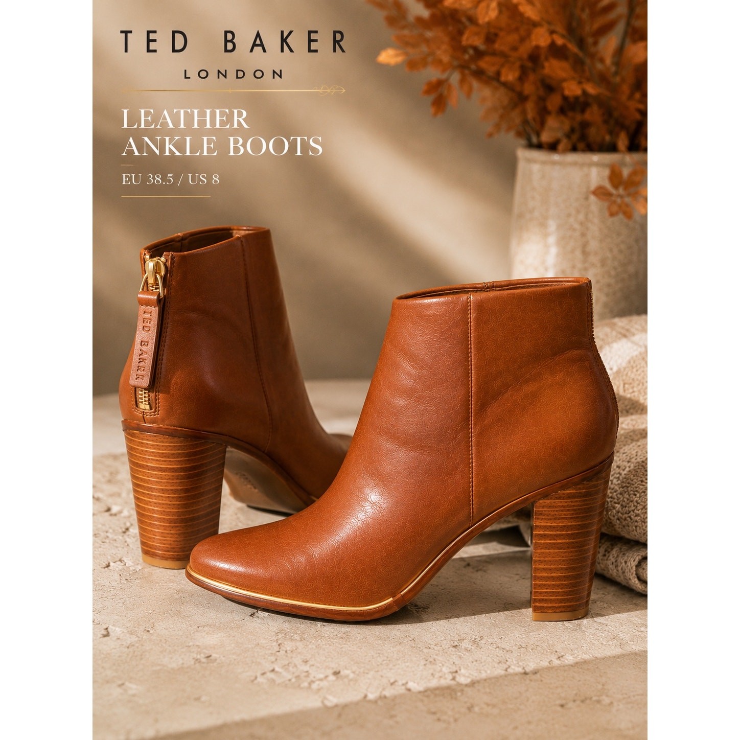 Ted Baker London Leather Ankle Boots Cognac Block Heel Booties US 8