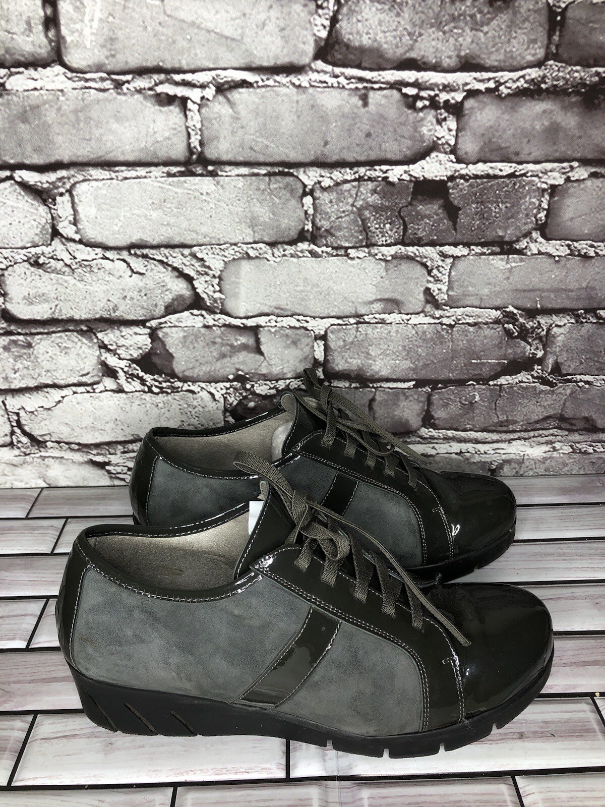 Charly Fox Gray Suede Patent Leather Lace Up Casual Wedge Shoes Women 39EU/8.5US