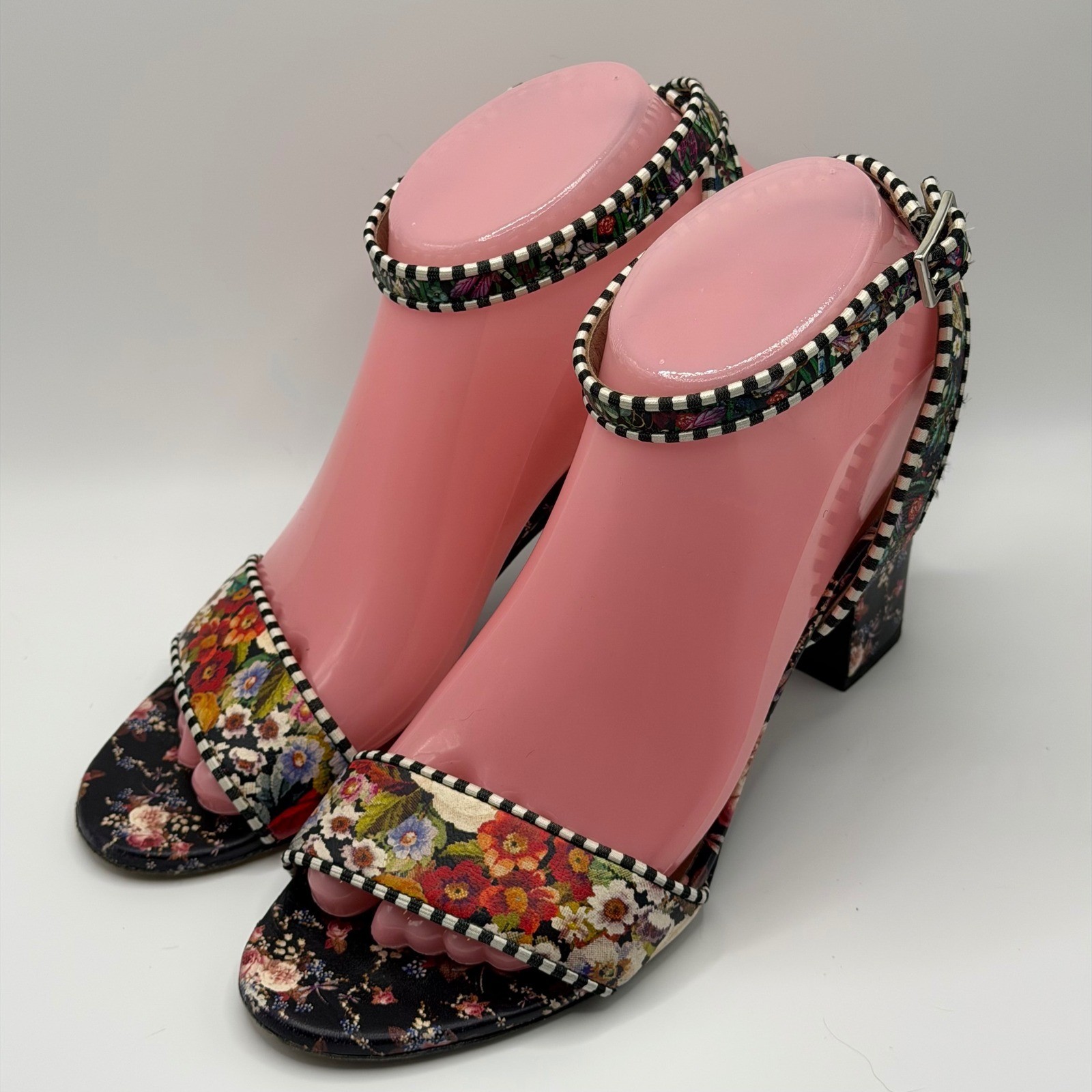 Tabitha Simmons Leticia Floral Block Heel Sandals Striped Trim Size 37