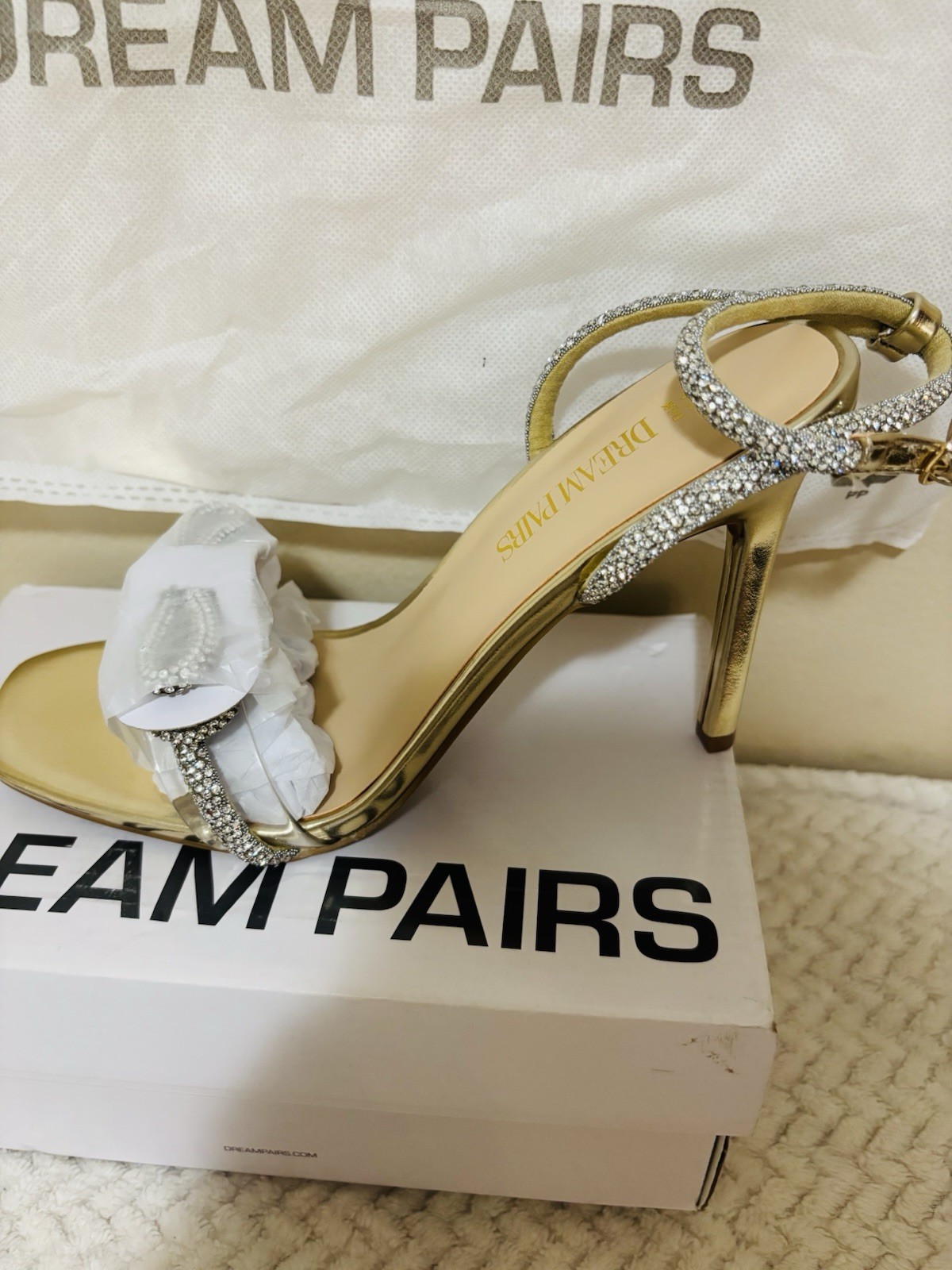 Dream Pairs Gold Faux Silk Rhinestone Bow Ankle Strap Open Toe Heels 8