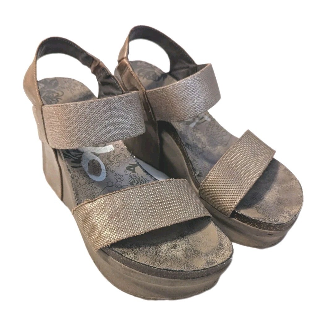 OTBT Women’s Bushnell Wedge Sandals Leather Platform Metallic Gold Beige Size 9M