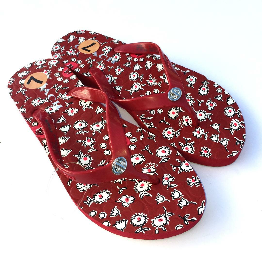 Coach Abbigail Flip Flops Turnlock Logo Thong Rubber Sandals Red Black Ivory