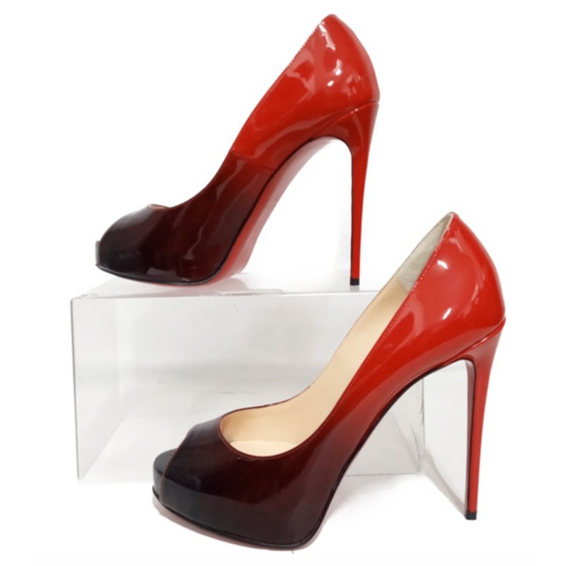 Christian Louboutin Red Black Open Toe Patent Leather Pumps Size 36 With Box
