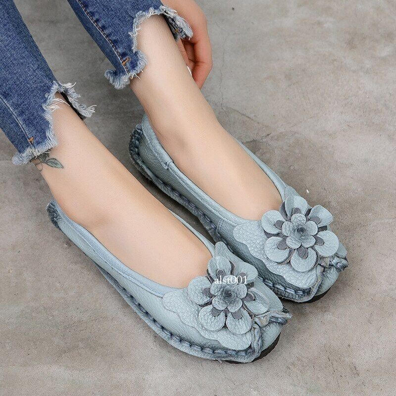 Leather Flat Shoes Women Flats with Flowers Ladies Soft Shoes Loafers Slip On