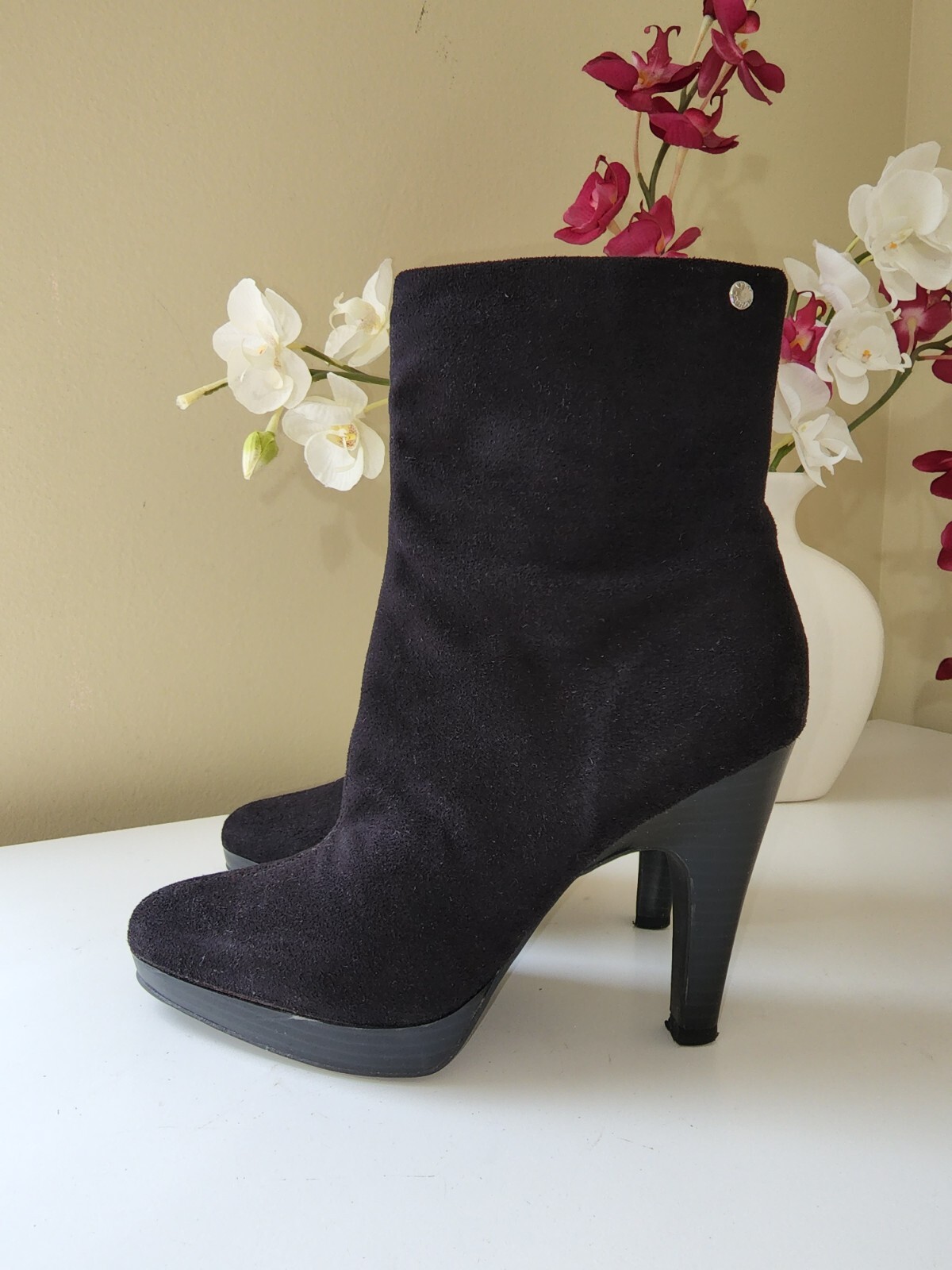 Isaac Mizrahi Brea Black Faux Suede Mid Calf Platform High Heel Boots Sz. 7