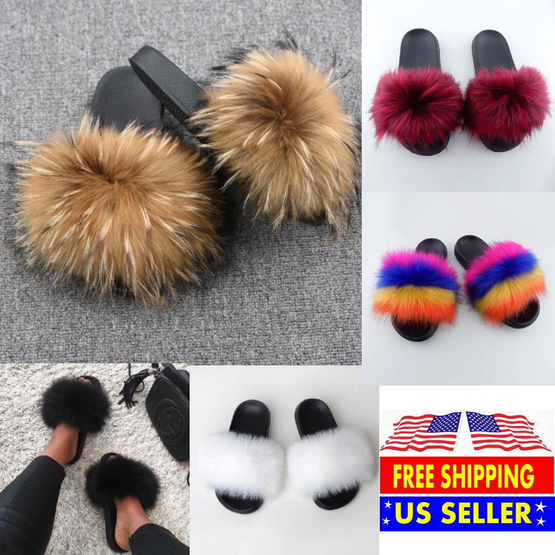 Faux Fur Slides Fuzzy Fluffy Slippers Flat Soft Sandals Open Toe – US Seller