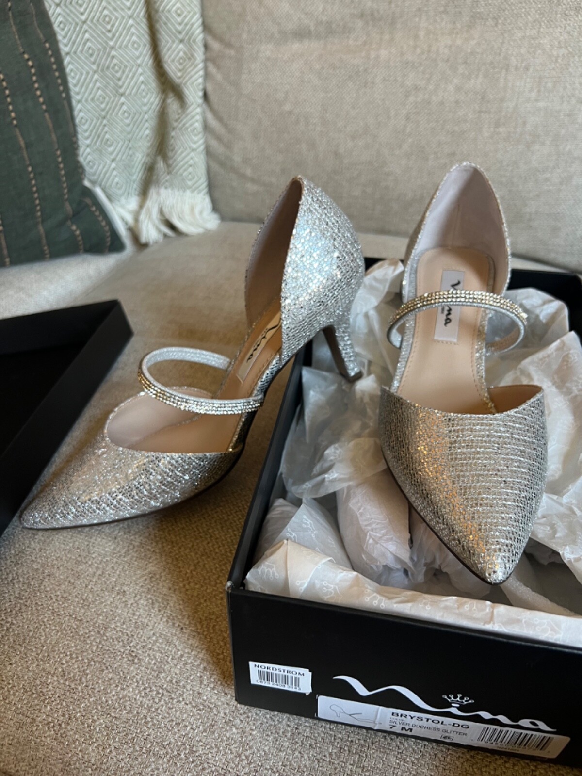 Gorgeous Silver Nina Evening Shoe 7M New in Box d’Orsay Rhinestone 2.5” Heel