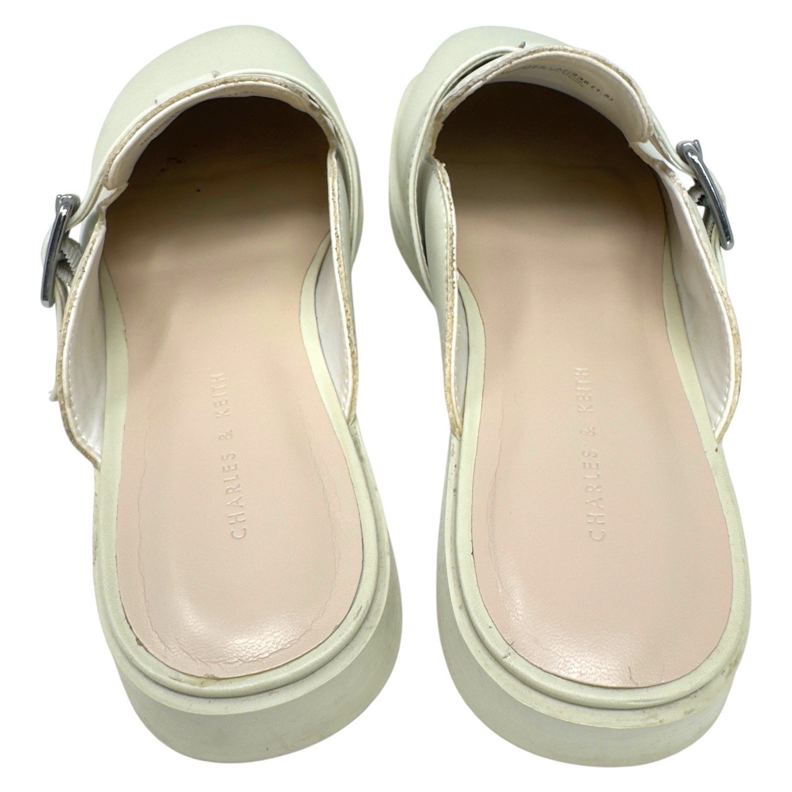Charles & Keith Leather Mule Clogs Buckle Closed Toe W6 White Casual