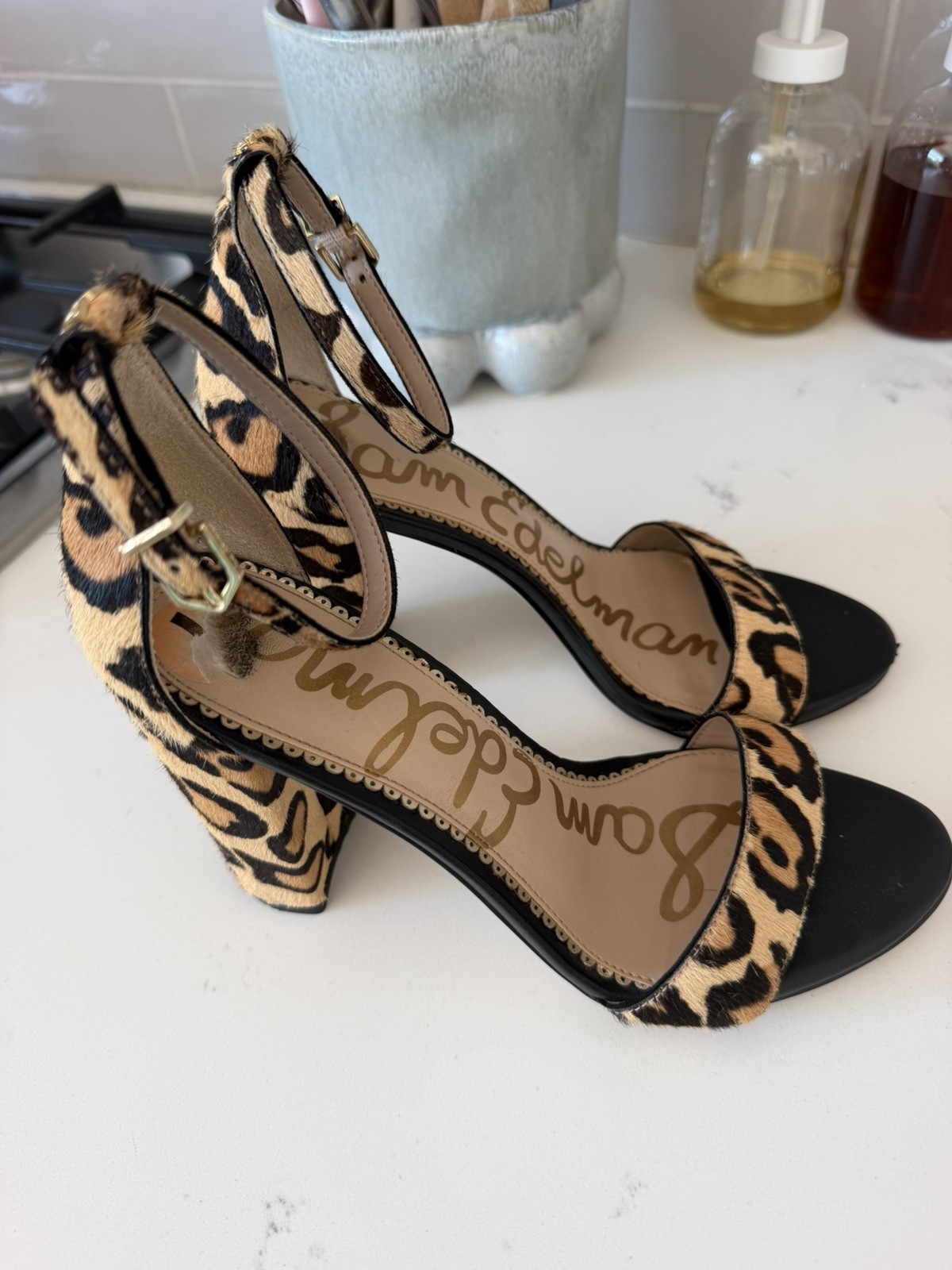 Sam Edelman Womens Yaro Chunky Block Heels Size 7M Fur Leopard Ankle Strap Shoe