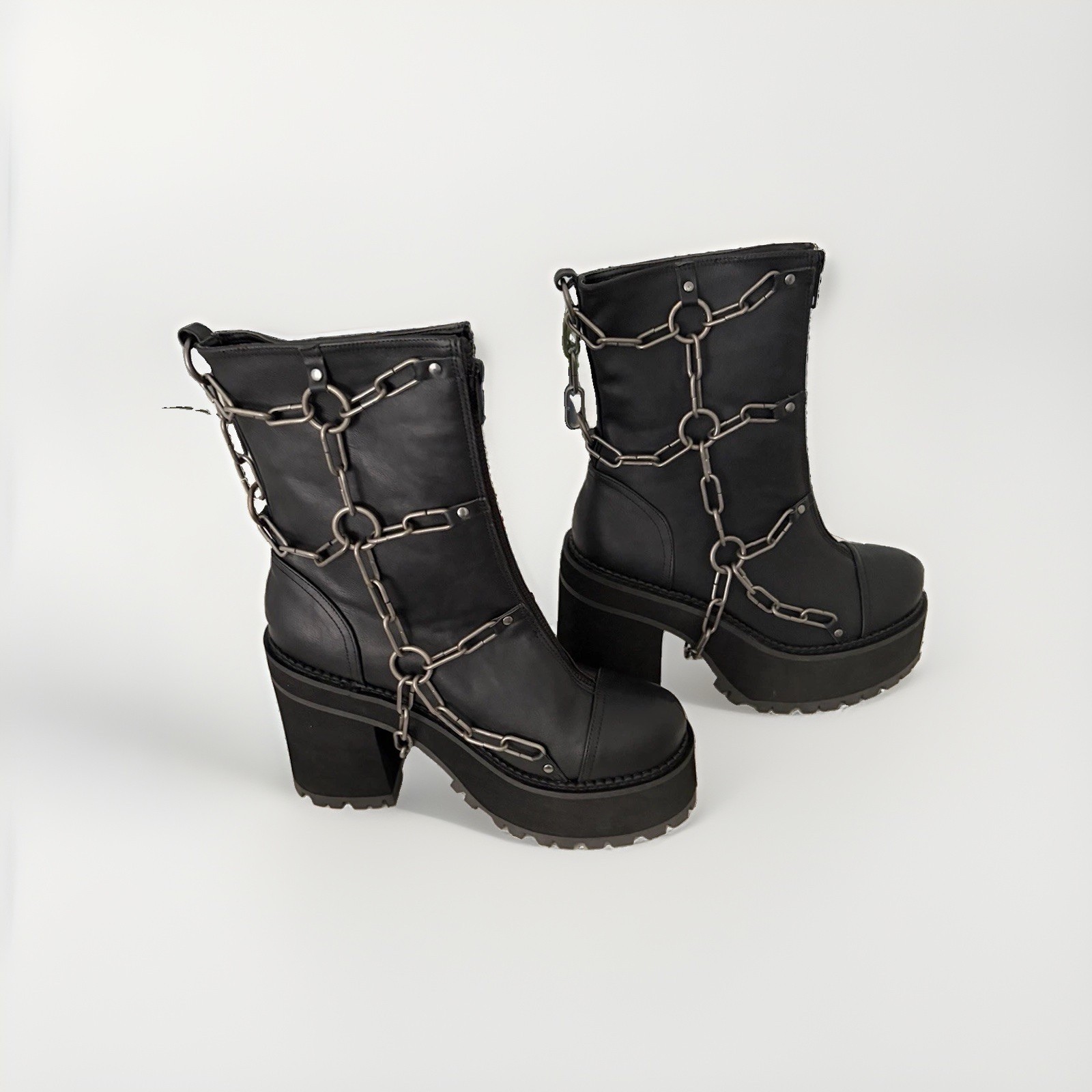 Demonia ASSAULT-66 Black Vegan Leather Mid Calf Platform Chain Boots US 11