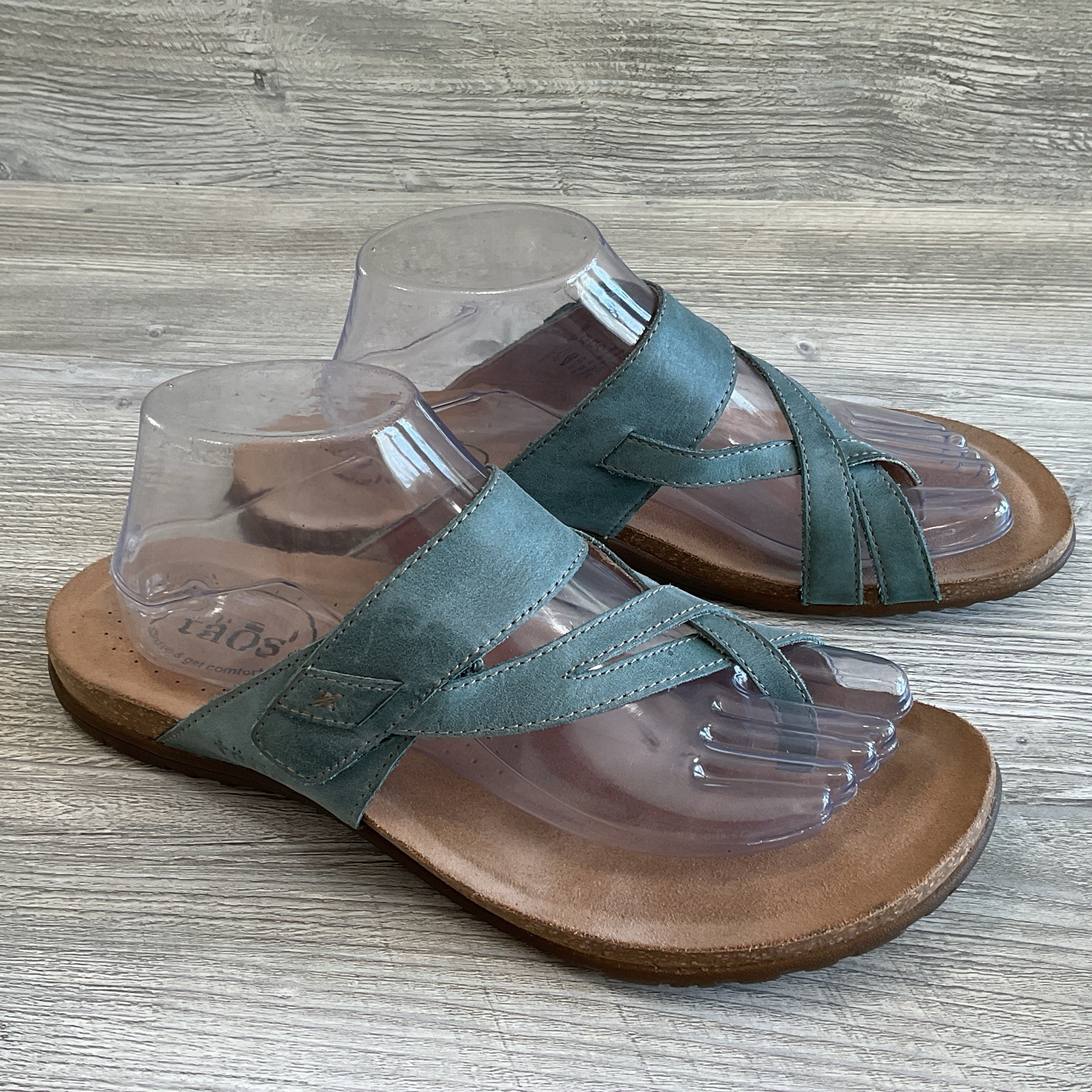Taos Perfect Sandals Leather Comfort Women 10 Adjustable Cork Footbed Thong Blue
