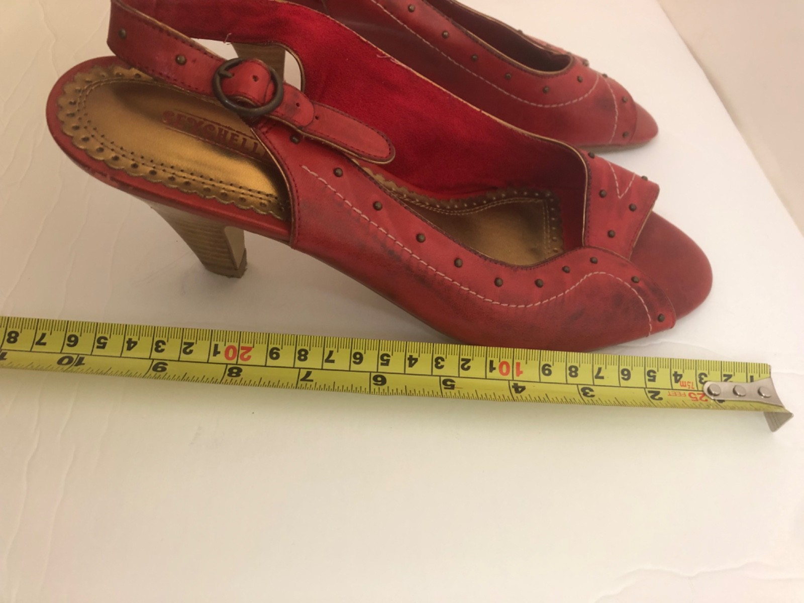 Seychelles size 10 red leather peep-toe slingback heels; brown layered cone heel