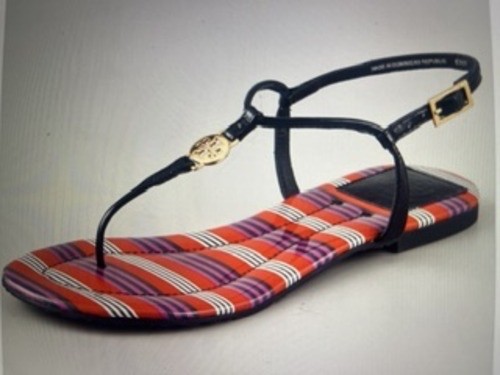 Tory Burch Navy Patent leather Emmy T-STRAP LOGO Thong FLAT SANDALS SHOES sz 7