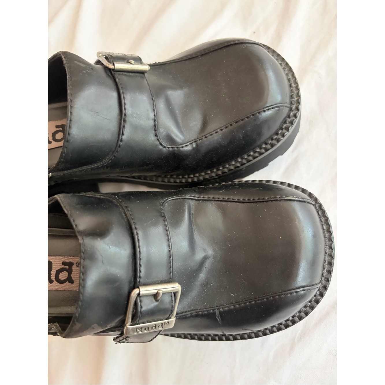 Mudd Black Chunky Platform Clogs Block Heel Silver Buckle Y2K Style Sizse 8.5