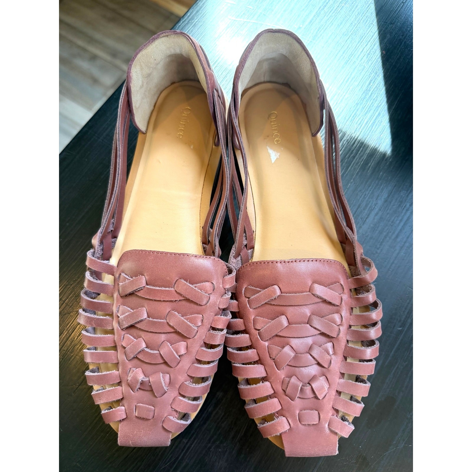 Quince 100% Leather Huarache Flat Slip On Sandal Brandy Size 9