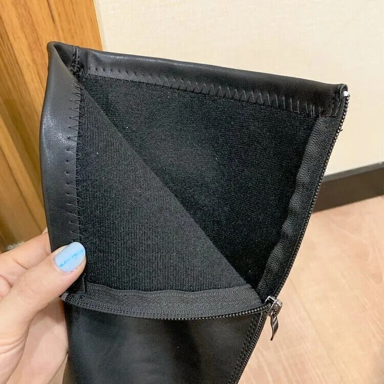 Soft Leather Shoes Women’s Block High Heels Long Boots Warm Knee High Zip Boots