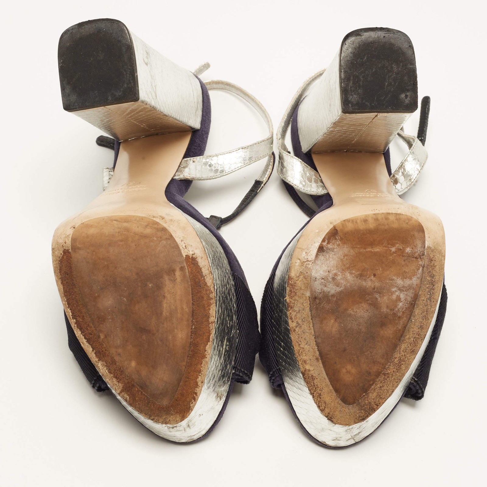 Miu Miu Size 37 Silver Navy Blue Snake Print Leather and Suede Ankle Strap