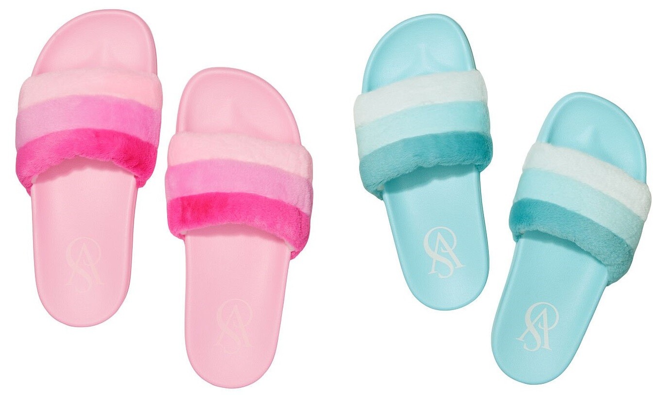 VICTORIAS SECRET STRIPED FAUX FUR SLIDES SLIPPERS SANDALS OPEN TOE S M L NWT