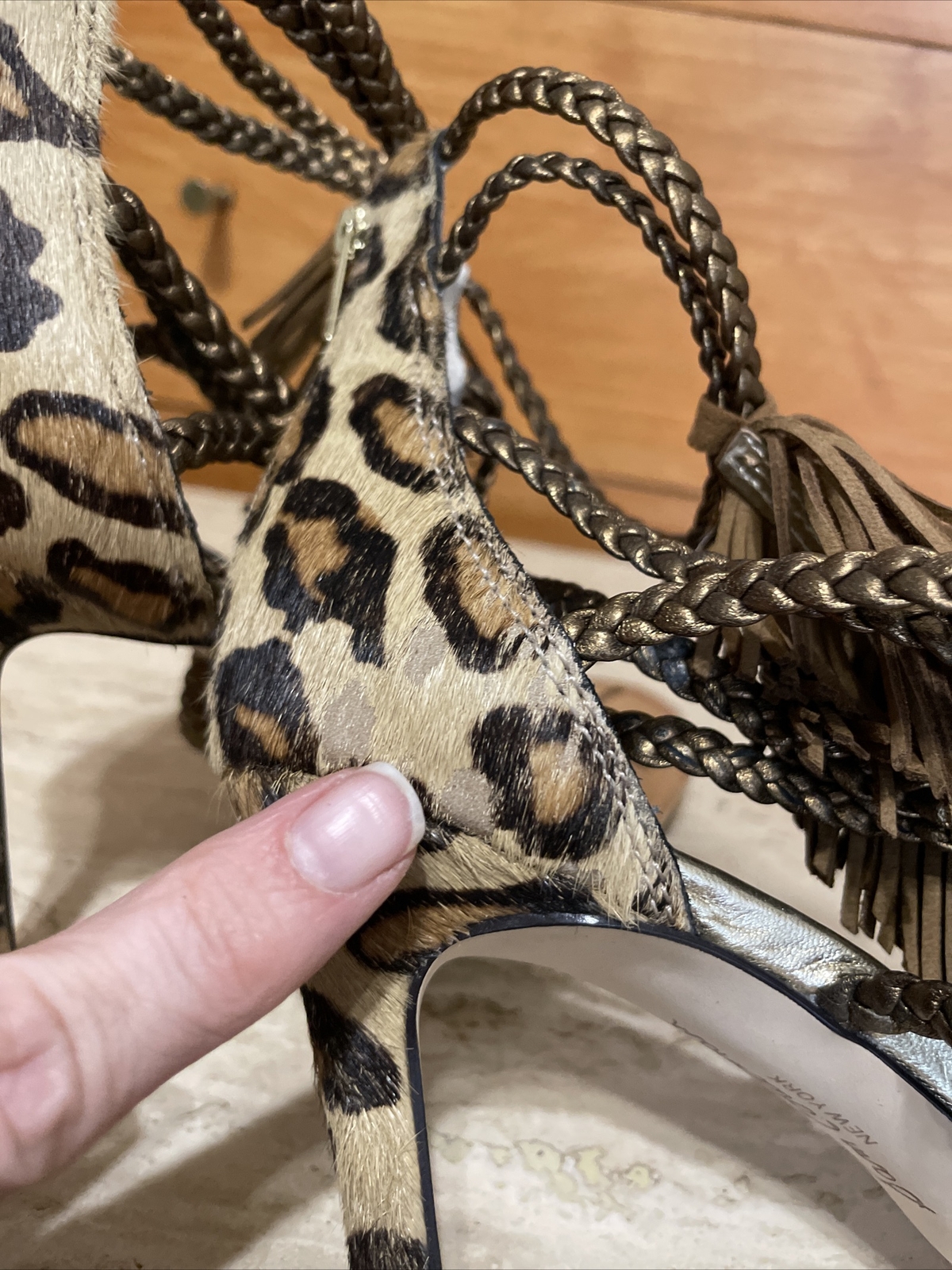 Sam Edelman Leopard Print Genuine Calf Hair Strappy Tassel Stiletto Heels Sz 7.5