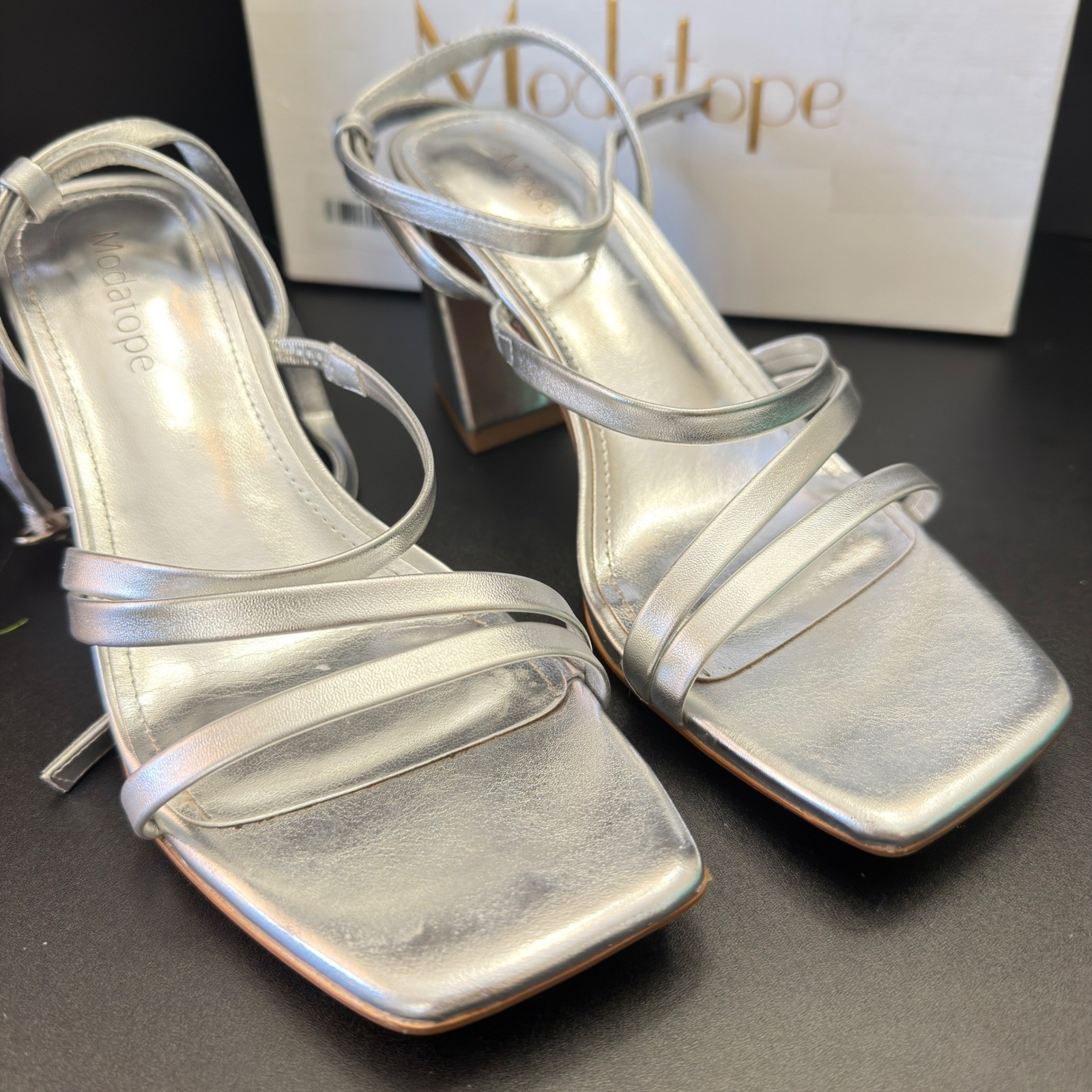 Modatope Silver Metallic Strappy Square Toe Block Heel Sandals Womens 6.5