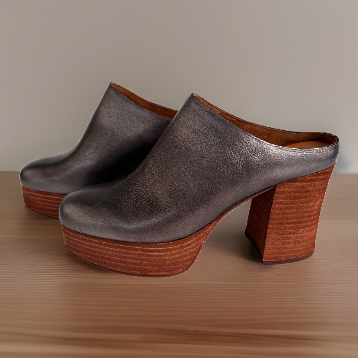 Sz 9 Kork-Ease Veronica Mule High Heeled Clogs Platform Sandals Gray Brown NWOT