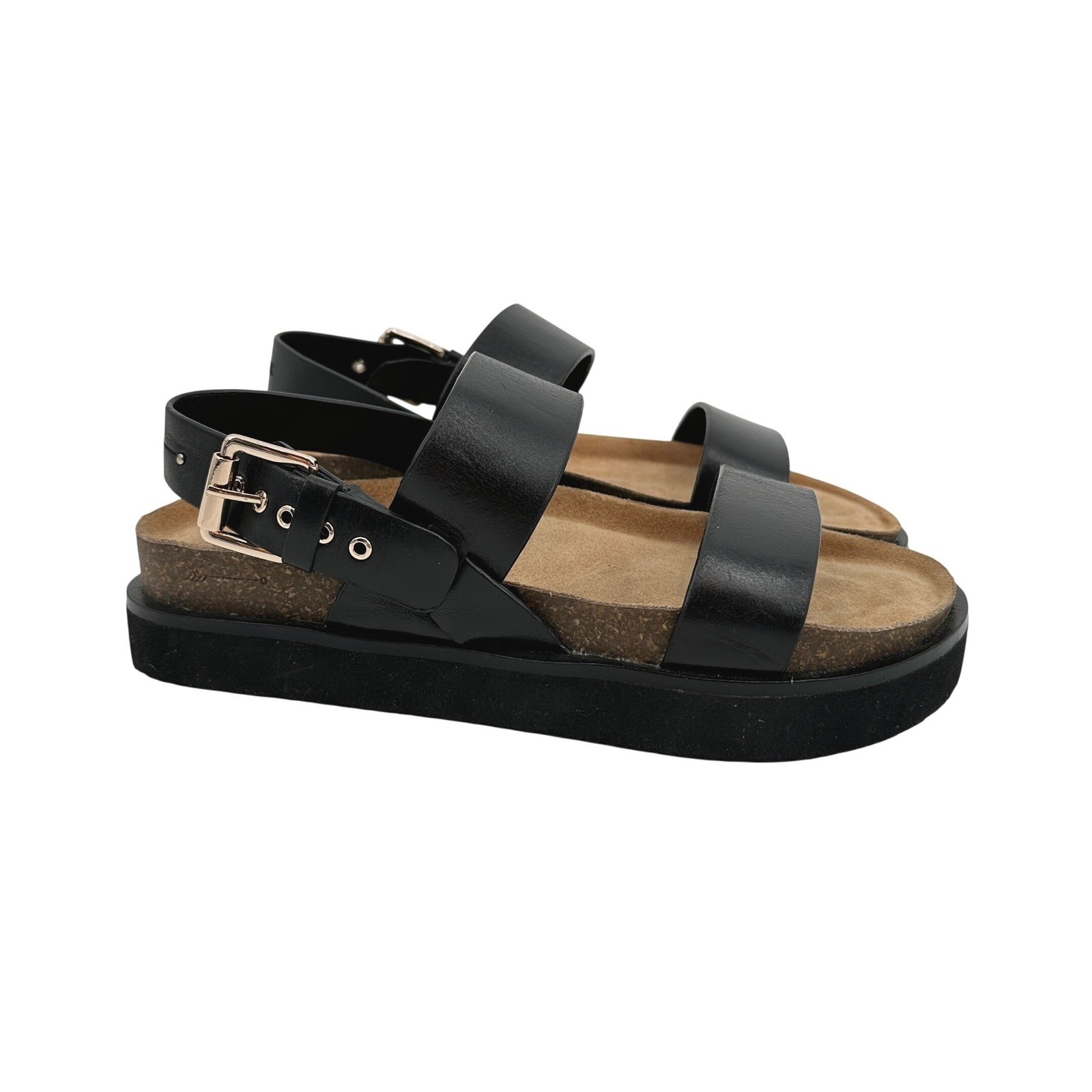 Frankie4 Hunter Black Leather Platform Sandals Womens 7 Cork Footbed NWOB