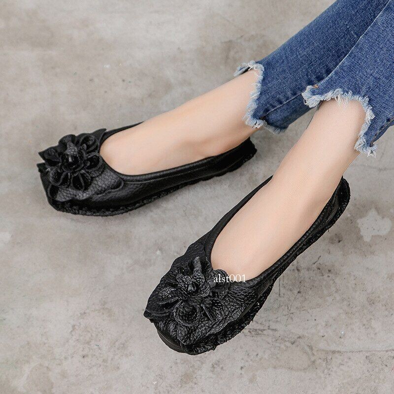 Leather Flat Shoes Women Flats with Flowers Ladies Soft Shoes Loafers Slip On