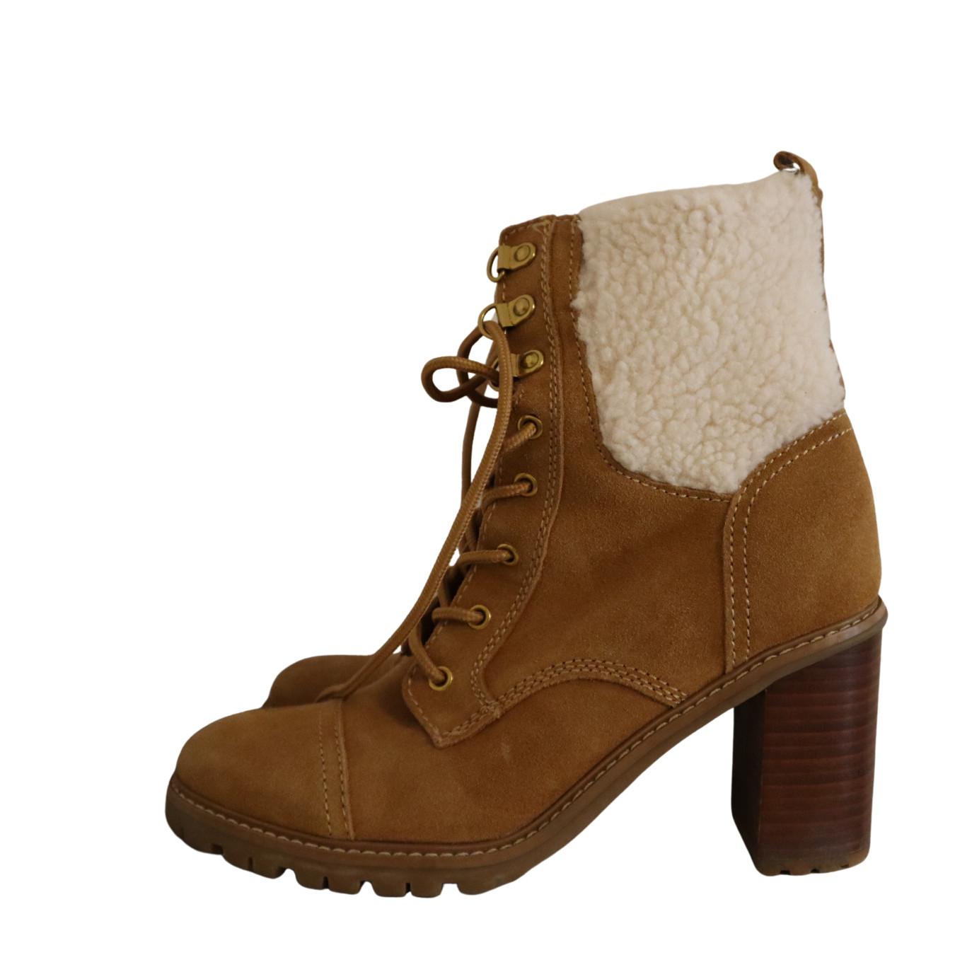 NINE WEST Boots 8 M Phaedra Lace-Up Suede Block High Heel Combat Natural Brown