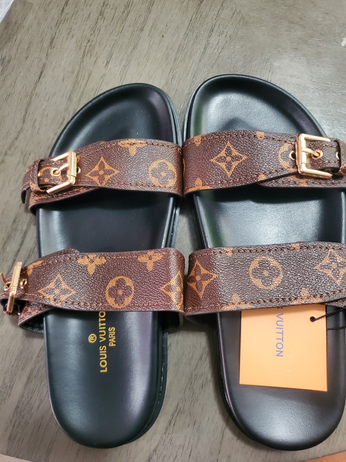 Louis Vuitton Brown/Black Leather Monogram Logo Slide Sandals Buckle US 6