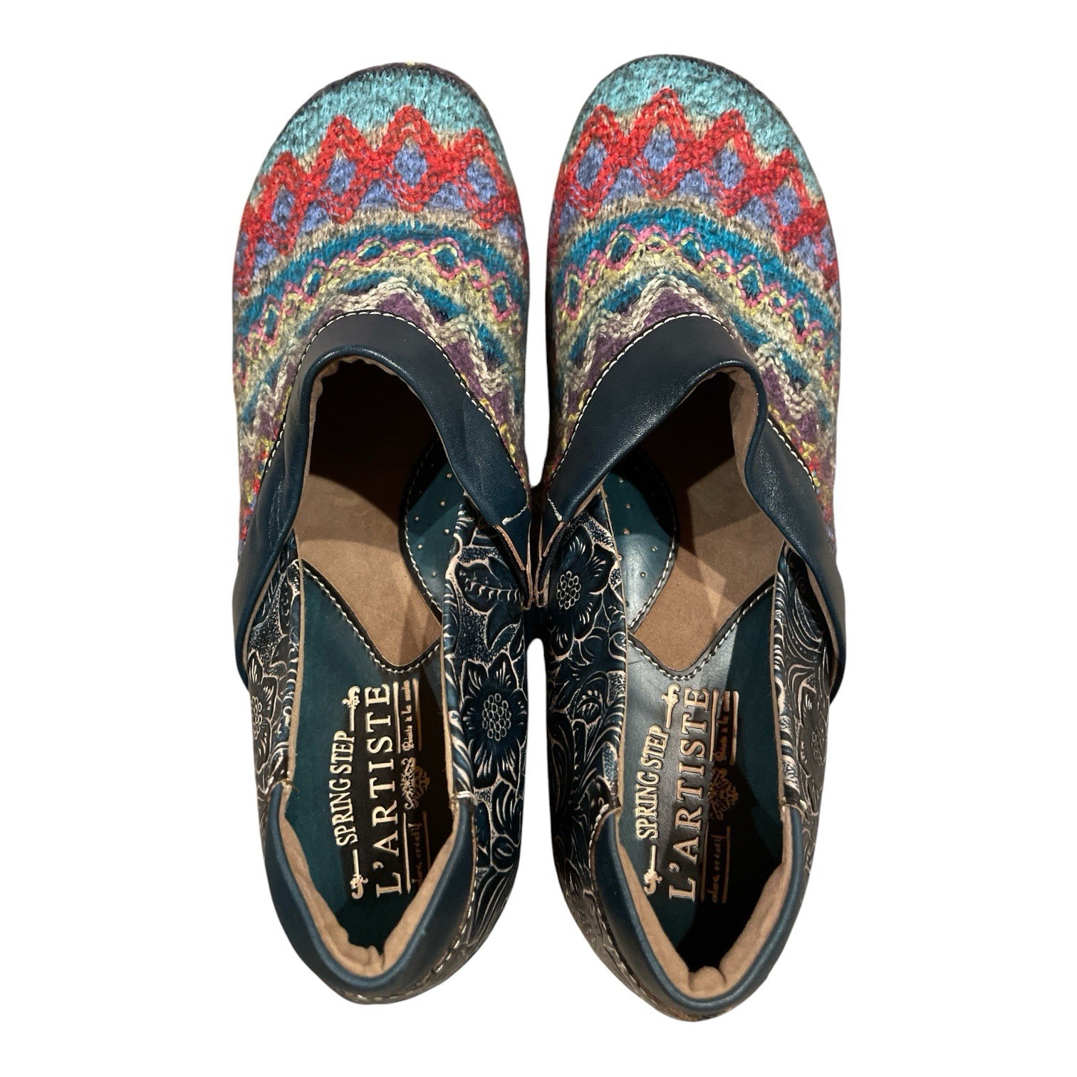 L’Artiste by Spring Step Leather Clogs Shoes Size 40 US 9 Embossed Floral Knit